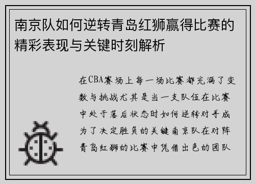 南京队如何逆转青岛红狮赢得比赛的精彩表现与关键时刻解析