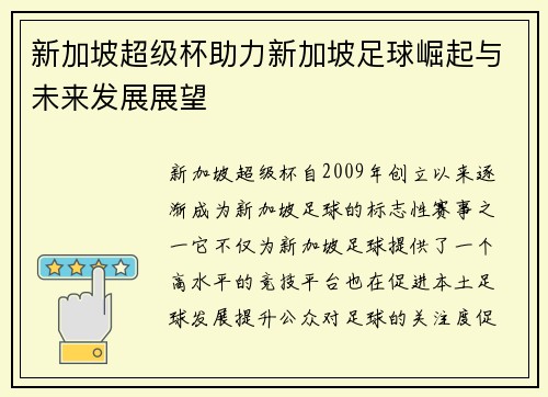 新加坡超级杯助力新加坡足球崛起与未来发展展望