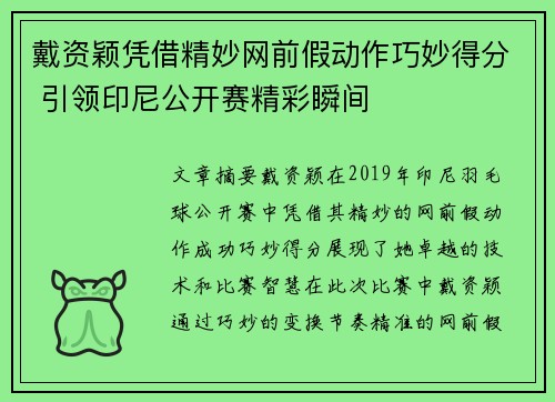 戴资颖凭借精妙网前假动作巧妙得分 引领印尼公开赛精彩瞬间