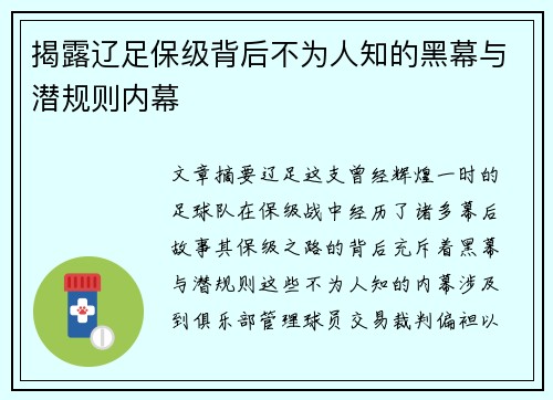 揭露辽足保级背后不为人知的黑幕与潜规则内幕