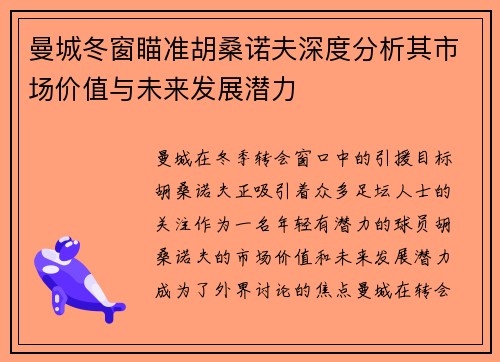 曼城冬窗瞄准胡桑诺夫深度分析其市场价值与未来发展潜力