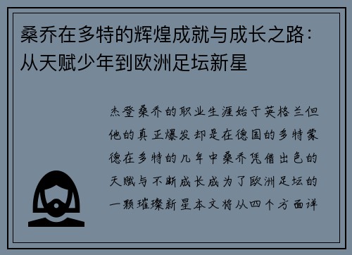 桑乔在多特的辉煌成就与成长之路：从天赋少年到欧洲足坛新星